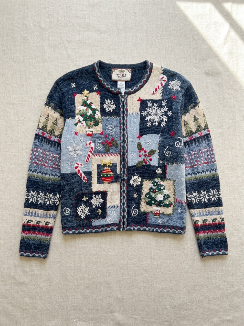 Tiara Navy Patchwork Holiday Cardigan with Red and Cream Accents Petite Large